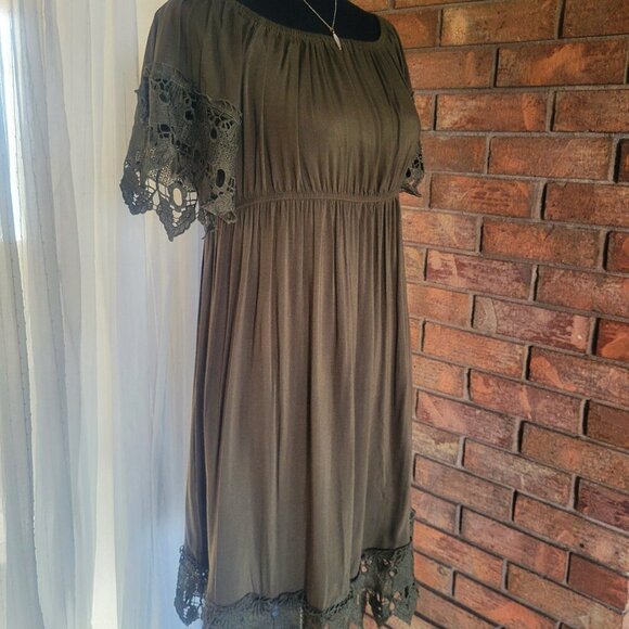 Haute Monde Lace Adorned Olive Boho Open Neck/Off Shoulder Dress - Size L - Picture 5 of 14